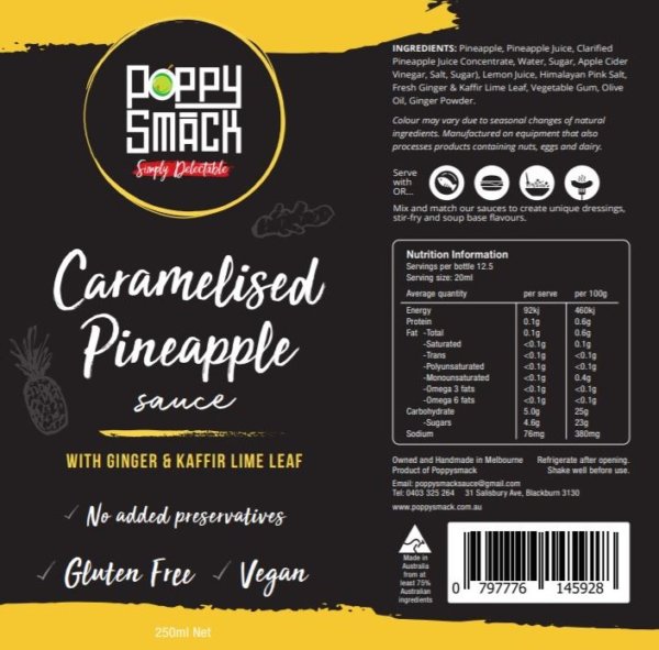 PoppySmack Caramelised Pineapple all-natural and Australian quality ingredient list